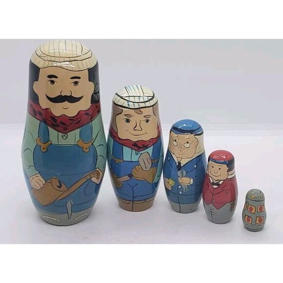 Rare Russian nesting doll set hand painted Business men workers trade Mechanic - Picture 1 of 12